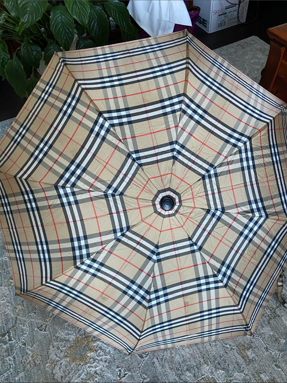 Burberrys Vintage Check Compact Umbrella in Beige, Black & Red (Sold As Is)